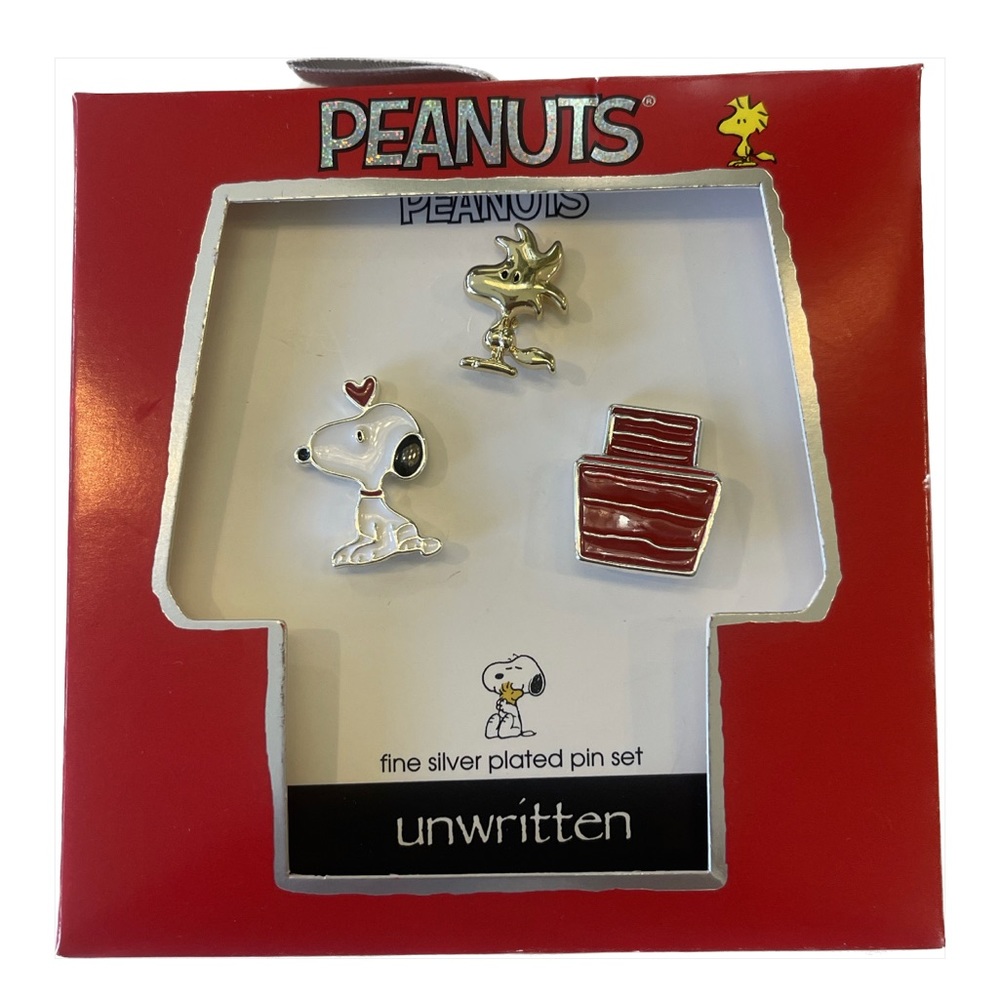 NEW AUTHENTIC UNWRITTEN PEANUTS FINE SILVER PLATED SNOOPY WOODSTOCK 3 PINS SET - Picture 2 of 3
